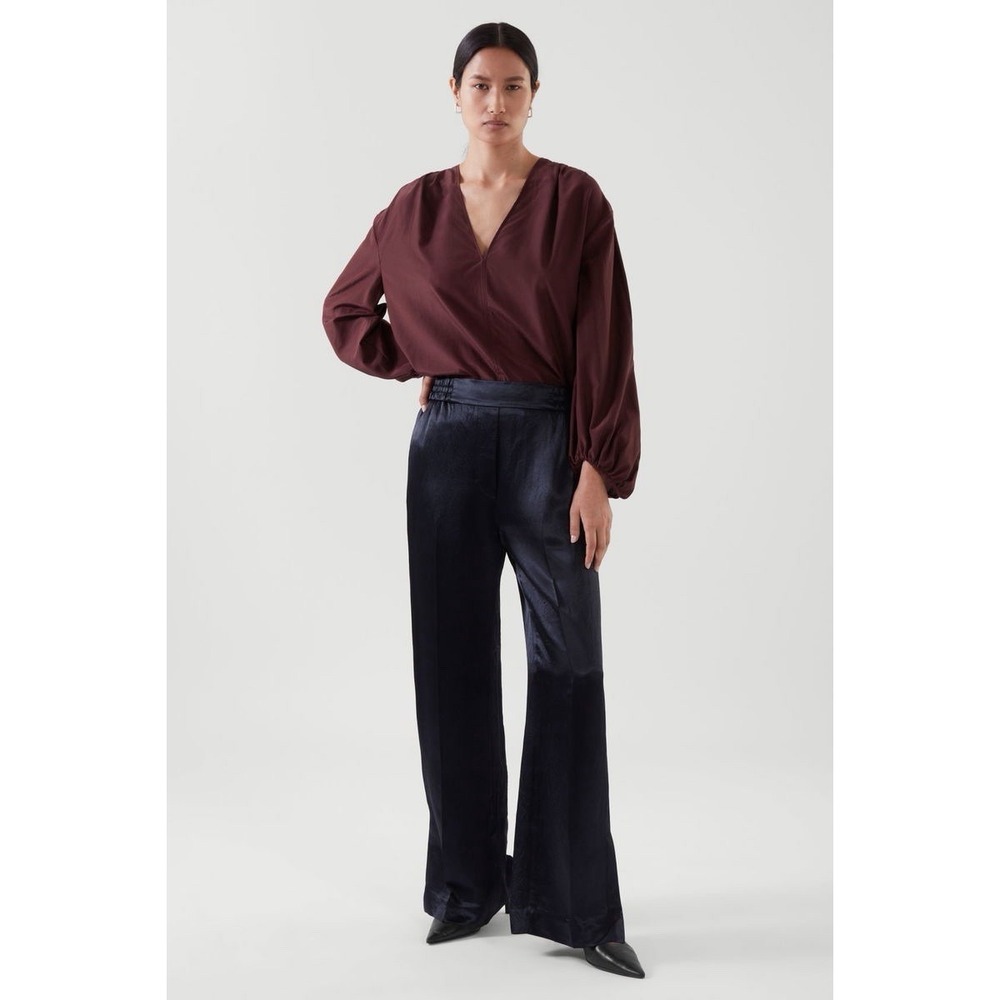 COS Silk Blend Blouse Women SZ 4 Burgundy V Neck Draped Sleeve Oversize Top NWT